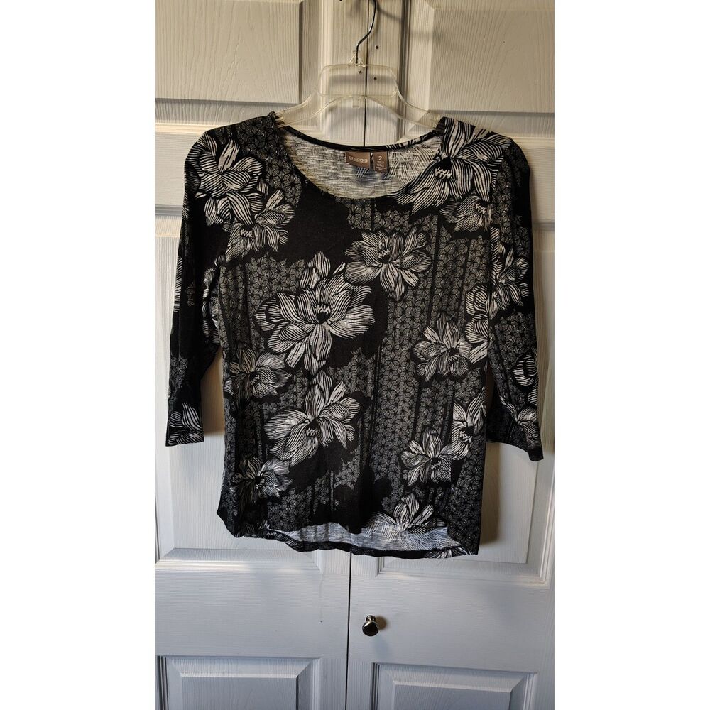 Chico's Black White Floral Knit Top 3/4 Sleeve Blouse Size 2